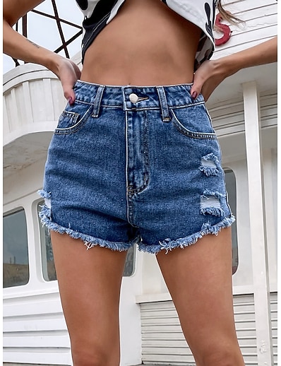 cheap Women&#039;s Bottoms-Women&#039;s Simple Basic Cut Out Jeans Short Pants Inelastic Work Weekend Solid Color High Waist Blue XS S M L