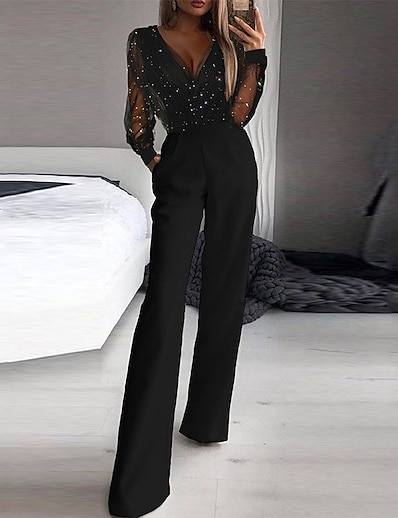 cheap Jumpsuits &amp; Rompers-Women&#039;s Jumpsuit Solid Color Mesh Sequin Elegant V Neck Party Prom Long Sleeve Regular Fit Black S M L Spring