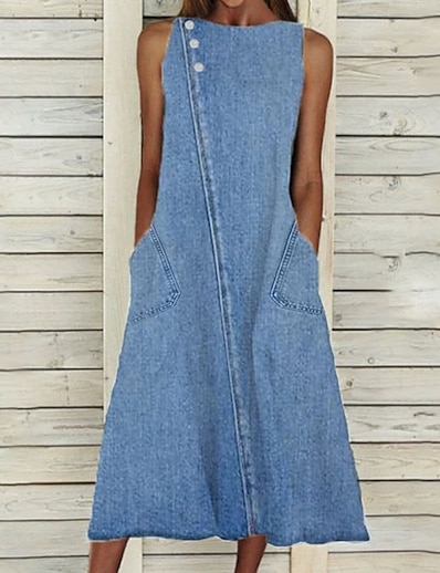 cheap Dresses-Women&#039;s Midi Dress A Line Dress Blue Sleeveless Pocket Button Pure Color Crew Neck Spring Summer Stylish Casual 2022 S M L XL XXL 3XL / Denim Dress