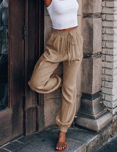 cheap Women&#039;s Bottoms-Women&#039;s Casual Drawstring Front Pocket Tapered pants Slacks Full Length Pants Inelastic Casual Solid Color High Waist Breathable Soft ArmyGreen Blue Black Wine Khaki S M L XL XXL