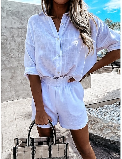 cheap Two Piece Set-Women&#039;s Basic Solid Color Casual Vacation Two Piece Set Shirt Collar Shorts Blouse Shorts Sets Shirt Tops