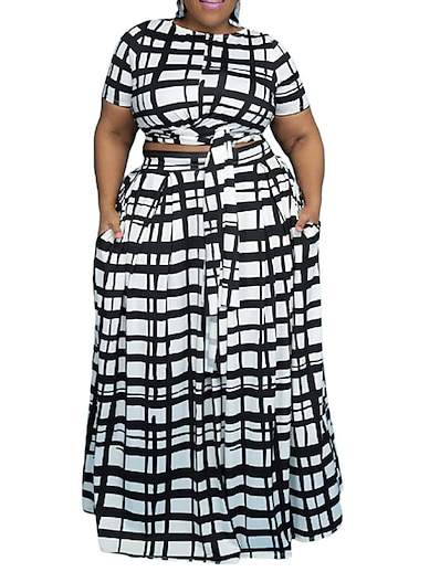 cheap Plus size-Women&#039;s Plus Size Striped Swing Dress Ruched Round Neck Short Sleeve Casual Spring Summer Daily Vacation Maxi long Dress Dress / Print