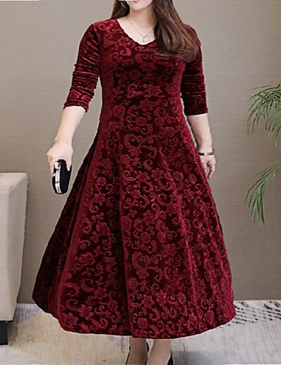 cheap Plus size-Women&#039;s Plus Size Solid Color A Line Dress V Neck Long Sleeve Casual Prom Dress Fall Winter Causal Daily Maxi long Dress Dress / Party Dress