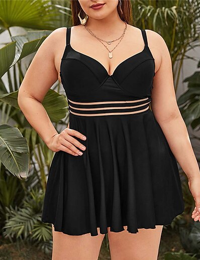 cheap Plus size-Women&#039;s Swimwear Tankini 2 Piece Plus Size Swimsuit Striped Open Back for Big Busts Hole Black Strap Camisole Bathing Suits Vacation Fashion New / Modern / Padded Bras