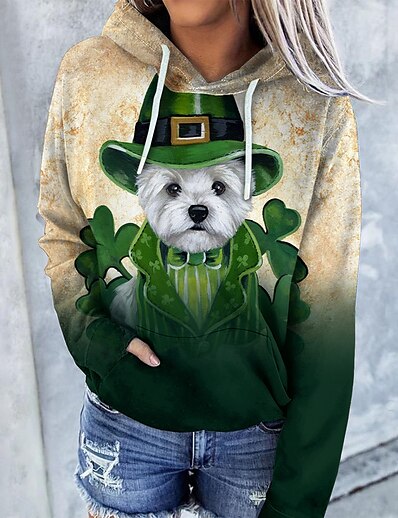 cheap Women&#039;s Tops-Women&#039;s Cat Leaf 3D Hoodie Sweatshirt Front Pocket Print 3D Print Daily Sports Streetwear St. Patrick&#039;s Day Hoodies Sweatshirts  Green