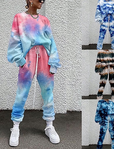 cheap Two Piece Set-Women&#039;s Streetwear Cinched Tie Dye Going out Casual / Daily Two Piece Set Crew Neck Pant Loungewear Jogger Pants Sweatshirt Tracksuit Pants Sets Drawstring Print Tops / Loose