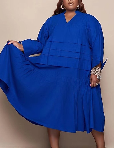 cheap Plus size-Women&#039;s Plus Size Solid Color A Line Dress V Neck Long Sleeve Basic Casual Spring Summer Causal Daily Midi Dress Dress