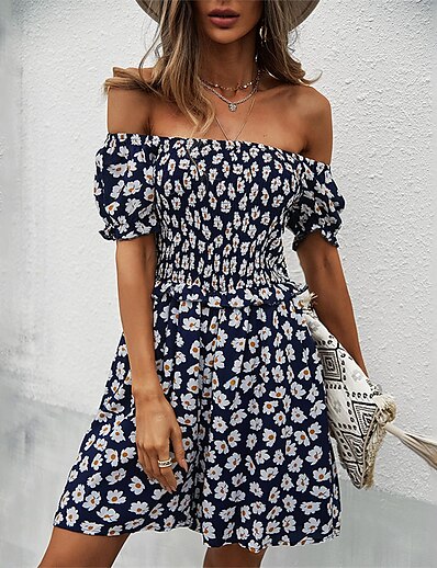 cheap Jumpsuits &amp; Rompers-Women&#039;s Romper Floral Backless Print Casual Off Shoulder Baggy Shorts Traveling Weekend Short Sleeve Regular Fit Navy Blue Yellow S M L Spring