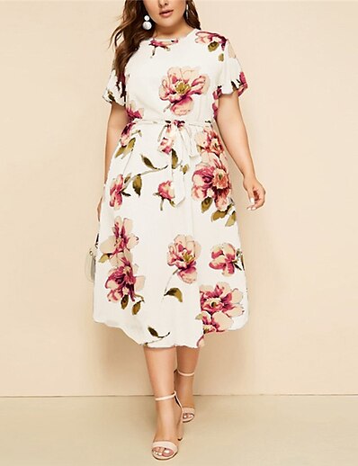 cheap Plus size-Women&#039;s Plus Size Floral A Line Dress Print Round Neck Short Sleeve Casual Prom Dress Spring Summer Daily Holiday Midi Dress Dress / Party Dress