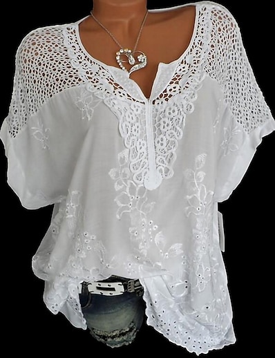 hesapli 2022 Trendleri-Kadın&#039;s Bluz Gömlek Solid V Yaka Çiçek Dantel Temel Nostaljik Klasik Üstler Havuz Beyaz Siyah