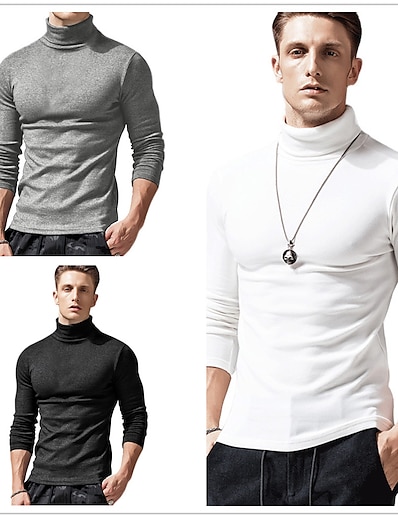 hesapli Erkek Giyim-Erkek T gömlek Tek Renk Boğazlı Günlük Çalışma Uzun Kollu Kırk Yama Üstler Basit Temel Resmi Moda Beyaz Siyah Gri