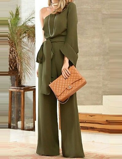 cheap Jumpsuits &amp; Rompers-Women&#039;s Jumpsuit Solid Color Lace up Elegant One Shoulder Party Party Evening Long Sleeve Regular Fit Green S M L Spring