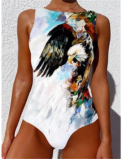 cheap Plus size-Women&#039;s Swimwear One Piece Monokini Bathing Suits Plus Size Swimsuit Eagle Animal Tummy Control Slim Printing for Big Busts White Blue Purple Yellow Scoop Neck Bathing Suits Vacation Fashion New