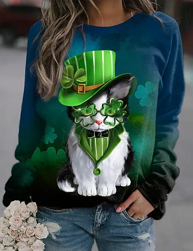 cheap Women&#039;s Tops-Women&#039;s Cat Leaf 3D Sweatshirt Pullover Print 3D Print Daily Sports Streetwear St. Patrick&#039;s Day Hoodies Sweatshirts  Green