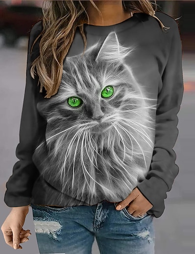 cheap Women&#039;s Tops-Women&#039;s Cat 3D Sweatshirt Pullover 3D Print 3D Print Daily Sports Active Streetwear Hoodies Sweatshirts  Green