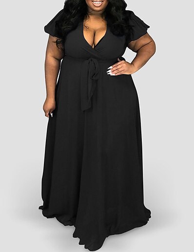 cheap Plus size-Women&#039;s Plus Size Solid Color A Line Dress V Neck Short Sleeve Casual Spring Summer Daily Vacation Maxi long Dress Dress