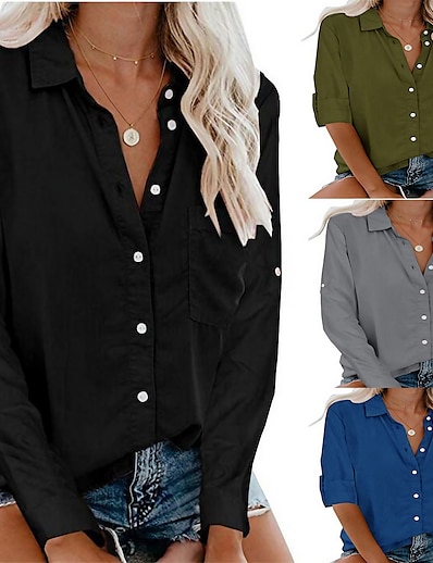 저렴한 기본 컬렉션-여성용 블라우스 셔츠 플레인 셔츠 카라 사업 베이직 우아함 탑스 화이트 블랙 그레이