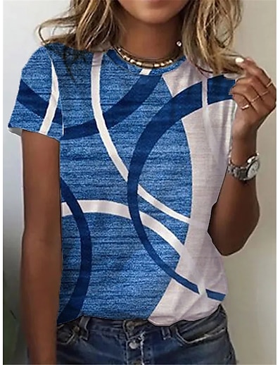 cheap Women&#039;s Tops-Women&#039;s Casual Daily T shirt Tee Short Sleeve Striped Round Neck Basic Tops Blue S