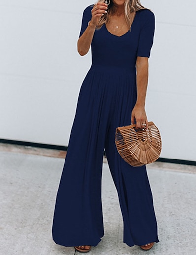 cheap Jumpsuits &amp; Rompers-Women&#039;s Jumpsuit Solid Color Casual Crew Neck Wide Leg Street Vacation Half Sleeve Regular Fit Blue Black Wine S M L Spring