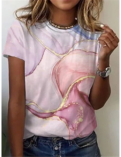 hesapli Kadın Üstleri-Kadın&#039;s T gömlek Soyut 3D Geometrik Geometrik Yuvarlak Yaka Temel Üstler Doğal Pembe / 3D Baskı
