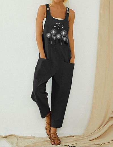 cheap Jumpsuits &amp; Rompers-Women&#039;s Overall Floral Print Active U Neck Street Casual Sleeveless Regular Fit Black S M L Spring