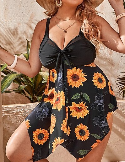 cheap Plus size-Women&#039;s Swimwear Tankini 2 Piece Plus Size Swimsuit Floral Sunflower Open Back Printing for Big Busts White Black Yellow Strap Tunic Bathing Suits Vacation Fashion New / Modern / Padded Bras