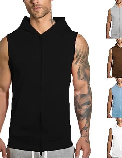 cheap Exercise, Fitness &amp; Yoga-Men&#039;s Yoga Top Hooded Solid Color White Black Fitness Gym Workout Leisure Sports Plus Size Vest / Gilet Tank Top Sleeveless Sport Activewear Stretchy Breathable Quick Dry Soft Standard Fit