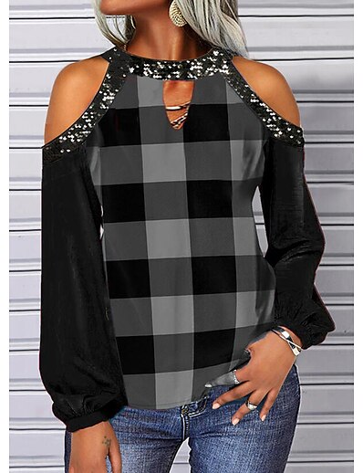cheap Women&#039;s Clothing-spring  summer new    round neck strapless plaid print loose long-sleeved t-shirt top Women&#039;s clothing