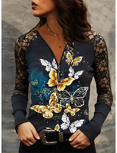 cheap Women&#039;s Tops-Women&#039;s T shirt Butterfly Painting Butterfly V Neck Mesh Lace Patchwork Basic Tops Green Blue Brown / 3D Print / Print