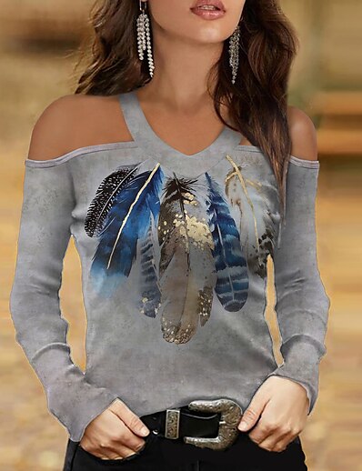 cheap Women&#039;s Tops-Women&#039;s T shirt Painting Feather V Neck Cut Out Print Basic Tops Gray / 3D Print