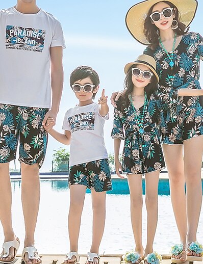 저렴한 Family Matching Outfits-패밀리 룩 T 셔츠 상의 가족 세트 일상 그래픽 낙엽 문자 주름 잡힌 푸른 무릎길이 짧은 소매 활동적 일치하는 의상 / 가을 / 여름 / 캐쥬얼 / 프린트
