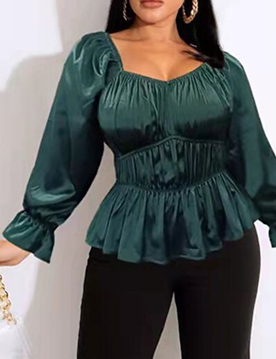 cheap Plus size-Women&#039;s Plus Size Tops Blouse Shirt Plain Long Sleeve Ruched Sexy Streetwear Square Neck Polyester Daily Going out Spring Summer Army Green