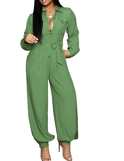 cheap Jumpsuits &amp; Rompers-Women&#039;s Jumpsuit Solid Color Pocket Belted Elegant Shirt Collar Casual Daily Long Sleeve Regular Fit Black Light Green Orange S M L Spring