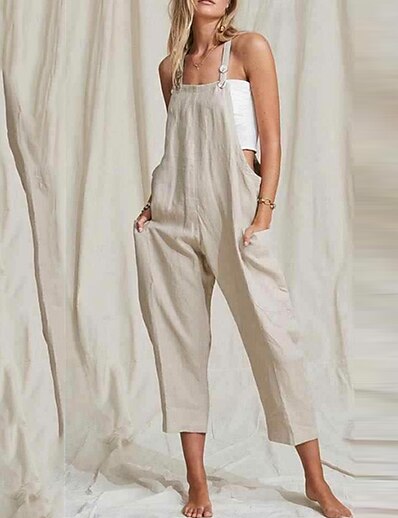 cheap Jumpsuits &amp; Rompers-Women&#039;s Overall Solid Color Button Ordinary Square Neck Street Casual Sleeveless Regular Fit Brown Beige S M L Spring