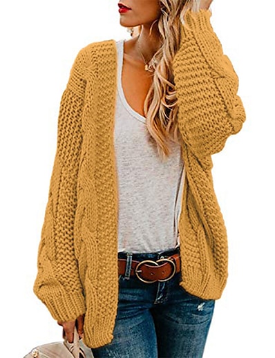 cheap Sweaters &amp; Cardigans-Women&#039;s Cardigan Solid Color Knitted Basic Casual Chunky Long Sleeve Loose Sweater Cardigans Fall Winter Open Front Black Green Red / Going out