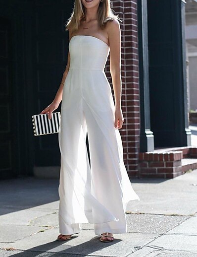 cheap Jumpsuits &amp; Rompers-Women&#039;s Jumpsuit Solid Color Backless High Waist Elegant Strapless Wide Leg Party Wedding Sleeveless Regular Fit White Black S M L Spring