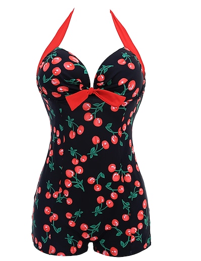 cheap Plus size-Women&#039;s Swimwear One Piece Monokini Bathing Suits Plus Size Swimsuit Polka Dot Rose Tummy Control Open Back Printing for Big Busts Black Blue Red V Wire Bathing Suits Vacation Fashion New / Modern