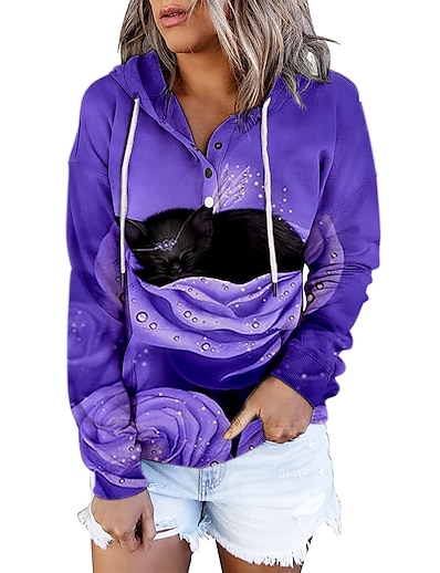 cheap Women&#039;s Tops-Women&#039;s Cat 3D Rose Hoodie Sweatshirt Front Pocket Print 3D Print Casual Sports Holiday Active Streetwear Hoodies Sweatshirts  Purple