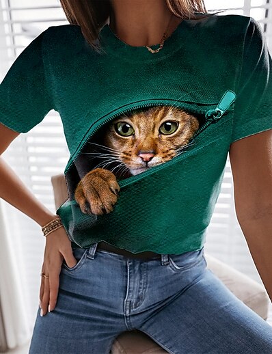 cheap Women&#039;s Tops-Women&#039;s T shirt 3D Cat Painting Cat 3D Round Neck Print Basic Tops Green Blue Purple / 3D Print