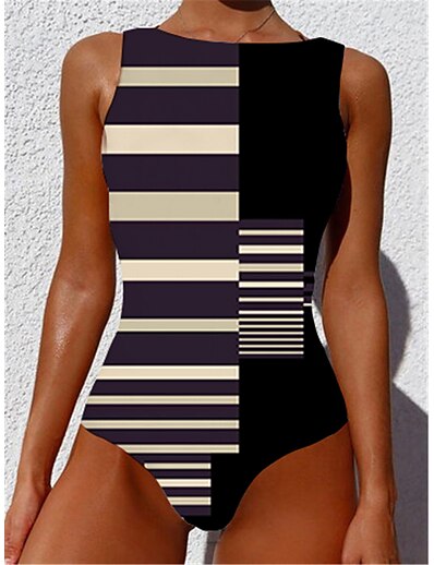 cheap Plus size-Women&#039;s Swimwear One Piece Monokini Bathing Suits Plus Size Swimsuit Striped Color Block Tummy Control Slim Printing for Big Busts Black Blue Red Scoop Neck Bathing Suits Vacation Fashion New / Sexy