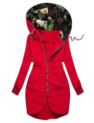 cheap Women&#039;s Outerwear-Women&#039;s Jacket Winter Sport Daily Long Coat Warm Regular Fit Casual Streetwear St. Patrick&#039;s Day Jacket Long Sleeve Drawstring Pocket Trees / Leaves Solid Color Green Red Navy Blue / Print