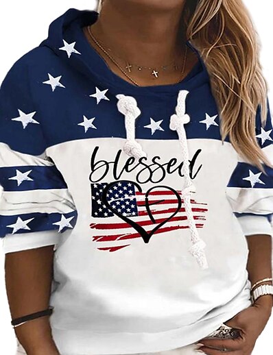 cheap Plus size-Women&#039;s Plus Size Tops Hoodie Sweatshirt Heart Flag Long Sleeve Print Streetwear Hooded Polyester Daily Going out Spring Summer Navy Blue