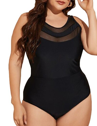 cheap Plus size-Women&#039;s Swimwear One Piece Monokini Bathing Suits Plus Size Swimsuit Pure Color Tummy Control Open Back Mesh Black Scoop Neck Bathing Suits Vacation Fashion New / Modern / Padded Bras