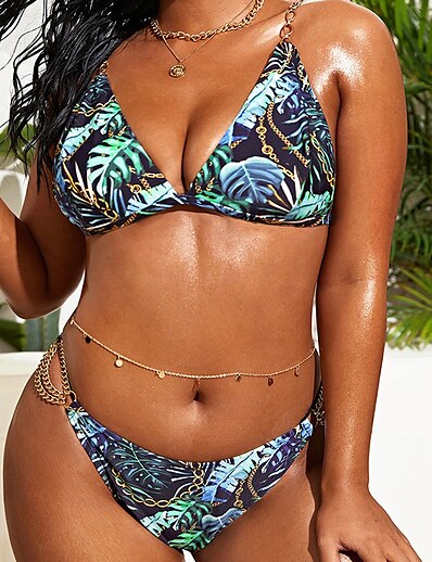 cheap Plus size-Women&#039;s Swimwear Bikini 2 Piece Plus Size Swimsuit Coconut Tree Open Back Printing for Big Busts Blue Strap Bathing Suits Vacation Sexy New / Modern / Padded Bras