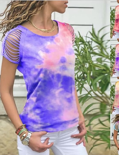 billiga Damkläder-Dam T-shirt Slipsfärg Dagligen Knytbatik Vår Normal Grön Purpur Rodnande Rosa Himmelsblå