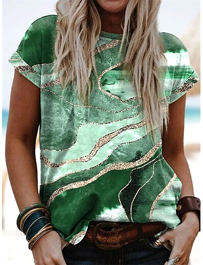 cheap Women&#039;s Tops-Women&#039;s T shirt Abstract Color Block Round Neck Patchwork Print Basic Tops Green / 3D Print