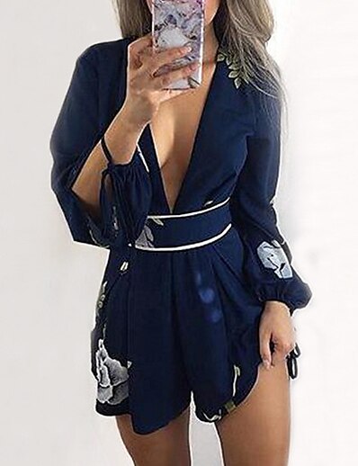 cheap Jumpsuits &amp; Rompers-Women&#039;s Romper Floral Backless Print Active Deep V Street Casual Long Sleeve Regular Fit Navy Blue S M L Spring