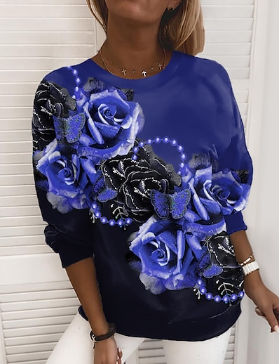cheap Women&#039;s Tops-Women&#039;s Color Block Rose Sweatshirt Pullover Print 3D Print Daily Sports Active Streetwear Hoodies Sweatshirts  Green Blue Purple