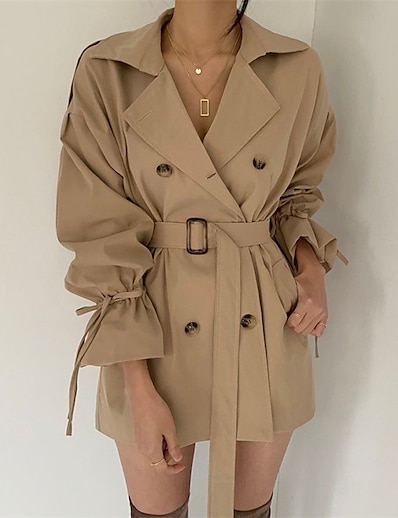 cheap Women&#039;s Outerwear-Women&#039;s Trench Coat Spring Summer Street Daily Going out Regular Coat Warm Breathable Regular Fit Casual Streetwear Jacket Long Sleeve Lace up Pocket Solid Color Black Khaki
