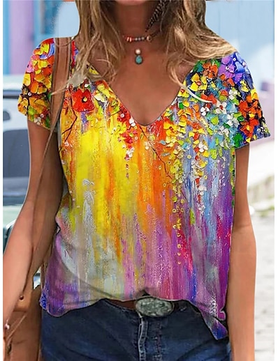 cheap Women&#039;s Tops-Women&#039;s T shirt Floral Theme Floral Plants V Neck Basic Tops Rainbow / 3D Print